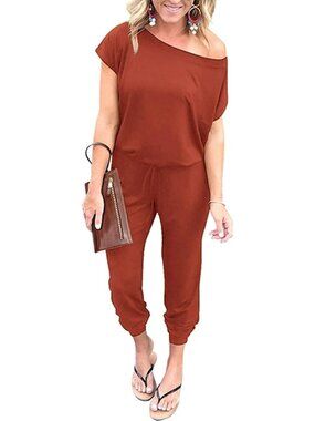 Women's Brick Red Summer Dressy Outfits Off The Shoulder Imported Romper